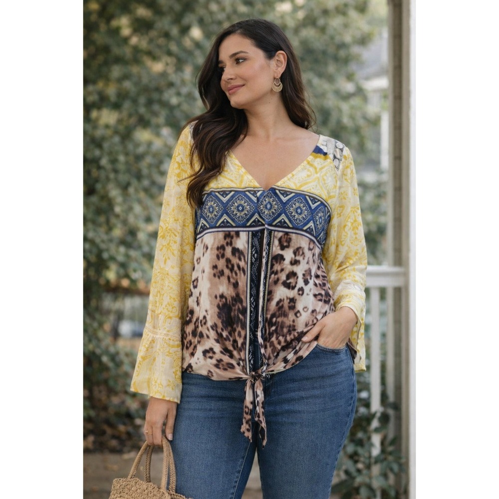 Fig‎ and Flower Boho Patchwork Floral Tunic Top L | Hippie Arty Mixed Print Tie